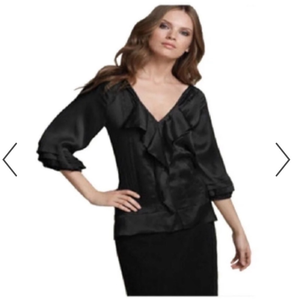 Diane Von Furstenberg DVF Jael Black Silk V Neck Ruffle Blouse